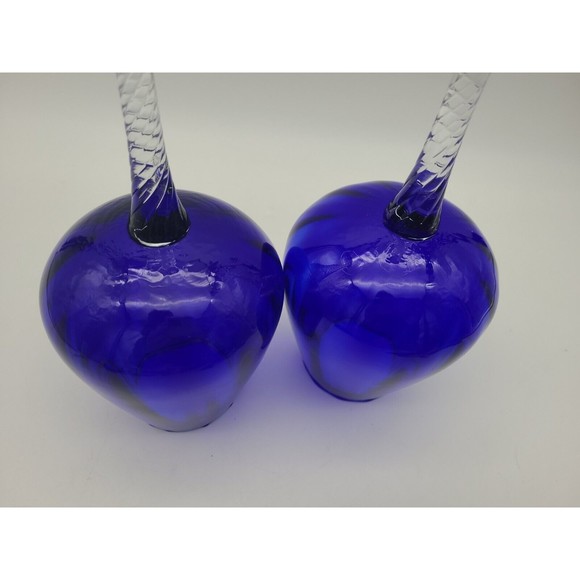Pair Large Cobalt Blue Glass Goblets Handblown Swirl Stem Fluted Rim 10" - Picture 6 of 9